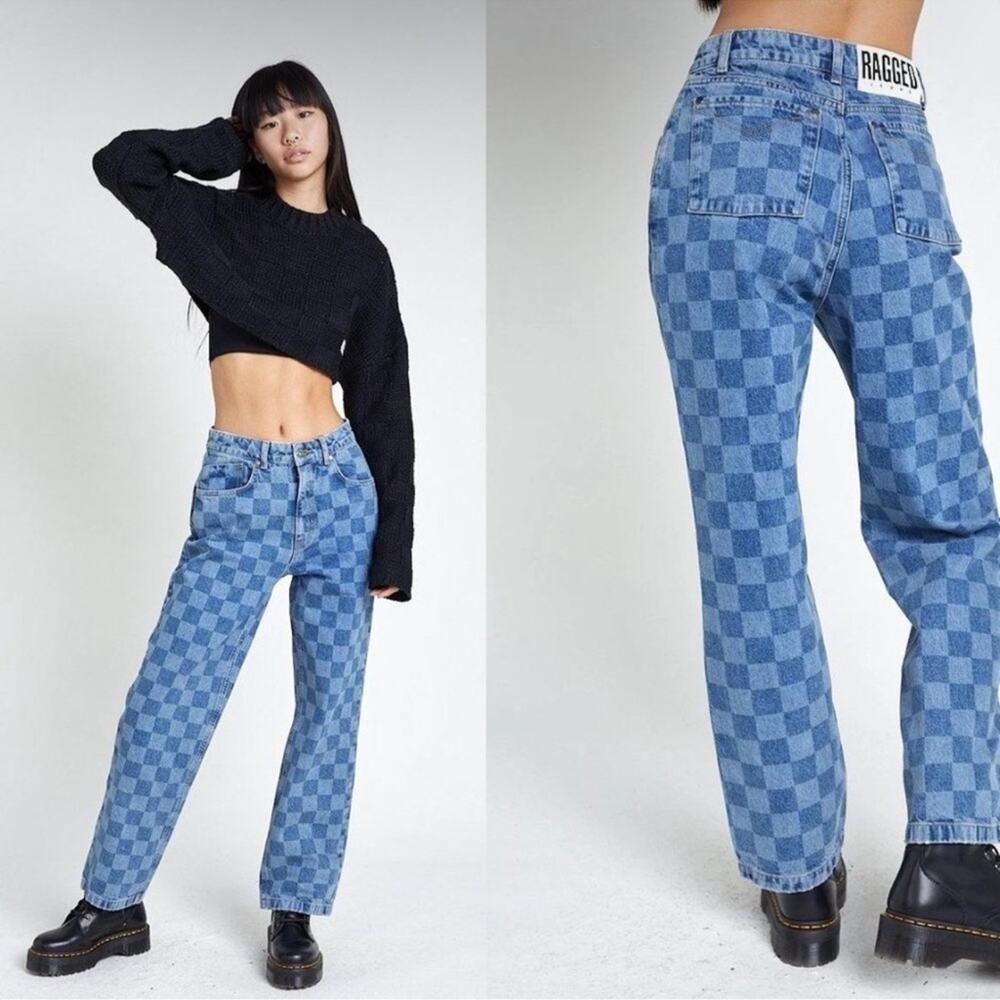 The Ragged Priest Blue Checkerboard Straight Leg Jeans